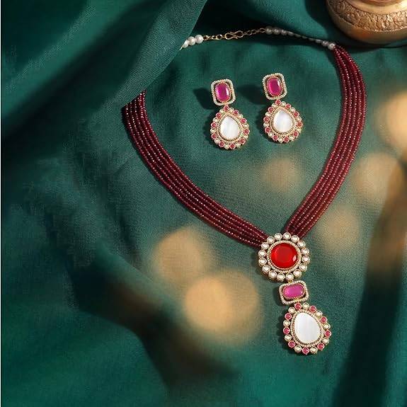 Green Pendant Style Necklace Earrings Set For Women & Girls Gold Plated Faux Emerald Mother Of Pearl & Beads Festi : PF77LS02M