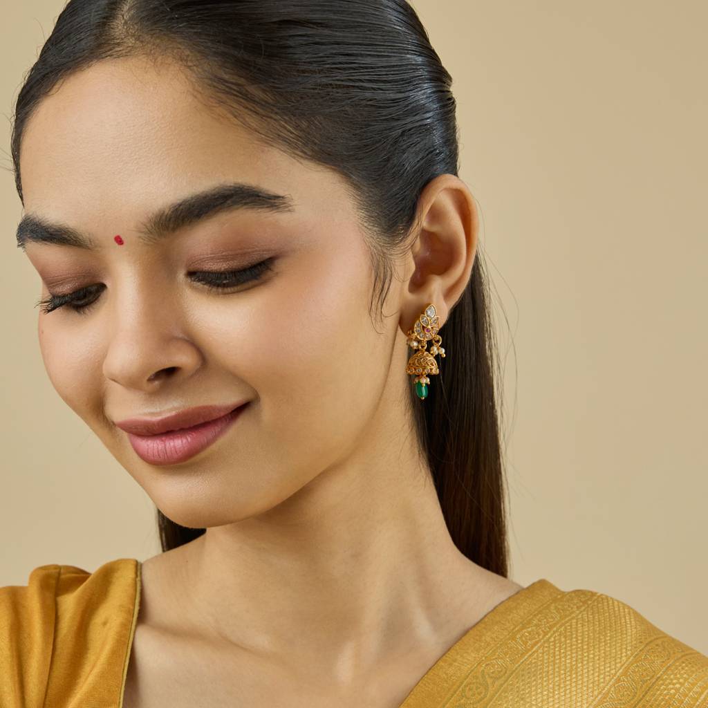 Ruby-Green Gold - Plated Festive Temple Earring - 434333 : 434333