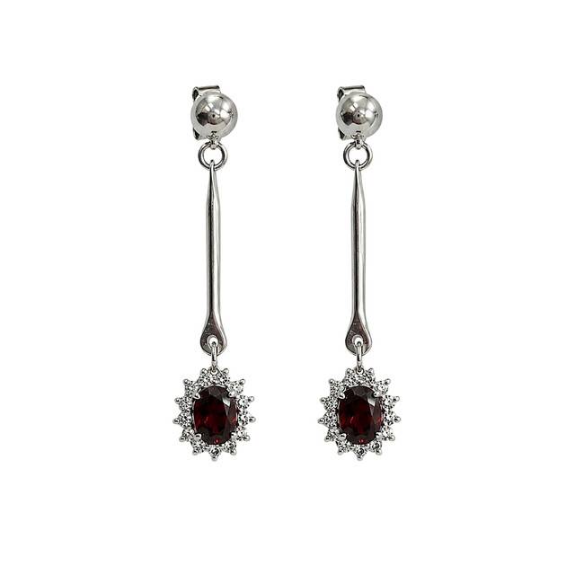 925 Sterling Silver Garnet Gemstone Long Drop Earrings With Floral Design : FU-1385