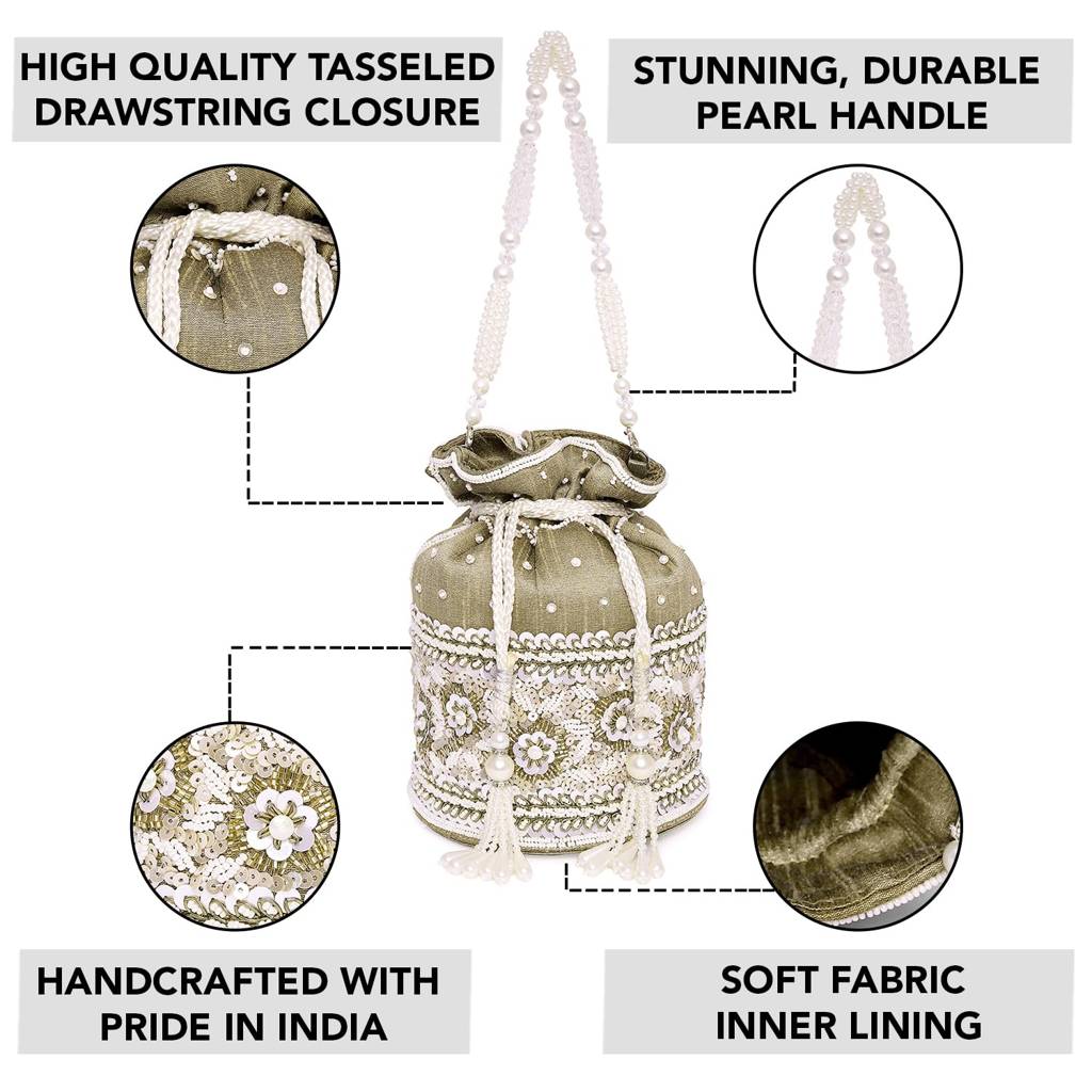 Potli Purses For Women Handmade Evening Handbag Stylish Bridal Fashion Wristlet Bag For Girls (P46Br) : P46BR
