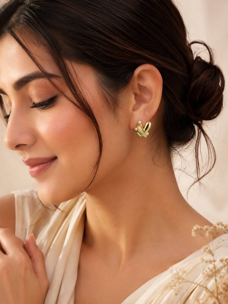 18K Gold Plated Green Baguette Heart Stud Earrings : AN-VM-GO-0147-DE