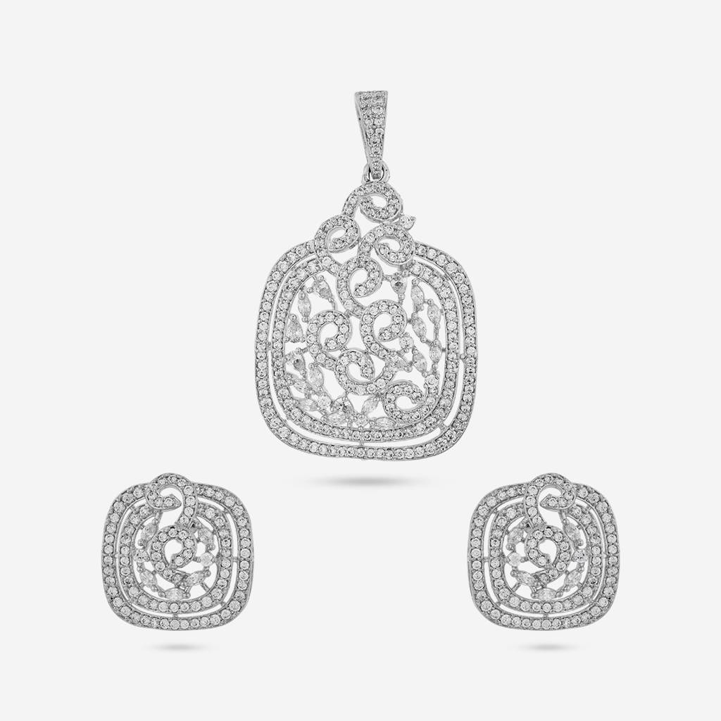White Rodium - Plated Party Wear Zircon Pendant Set - 458710 : 458710