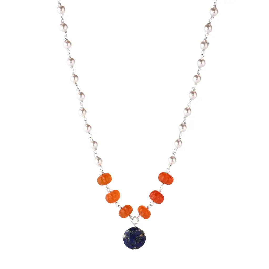Silver Pearl Lapis Necklace With Carnelian Stone : 74866327