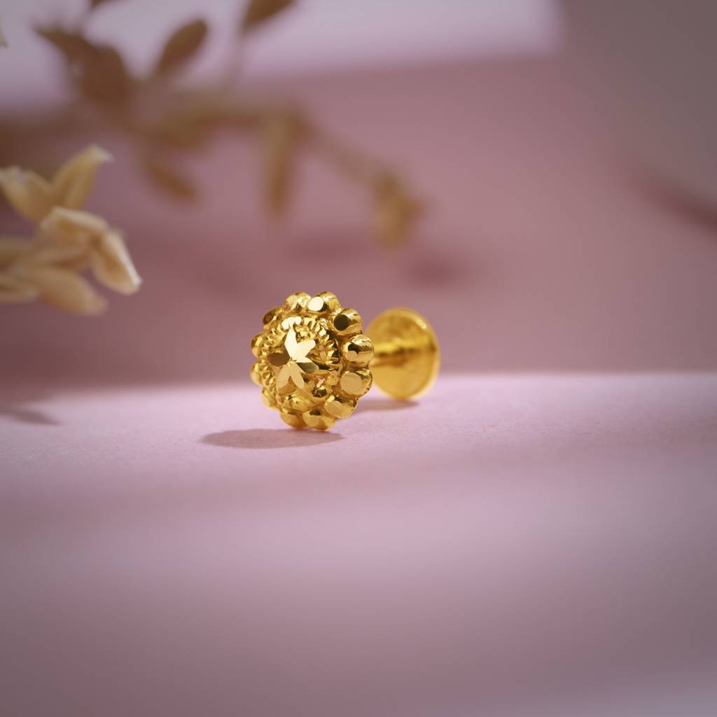 18K Yellow Gold Celestial Globe Nose Pin For Women | Screw Back Closure | Bis Hallmarked | Pure Gold Nose Stud : DNP2001-18YG-IS