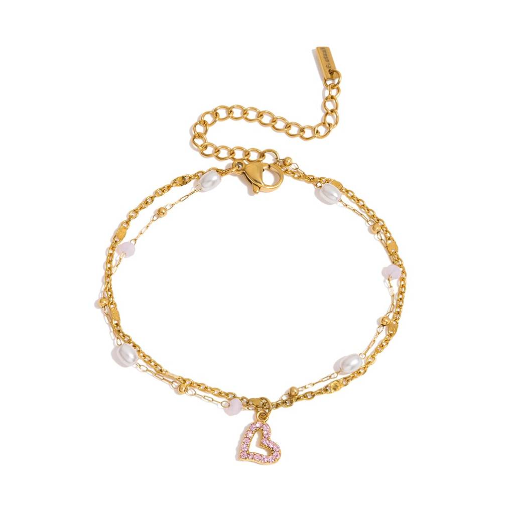 Golden Stainless Steel Premium & Elegant Bracelet For Women – Double Layer Adjustable Chain Bracelet With Pearl Bea : B0205019