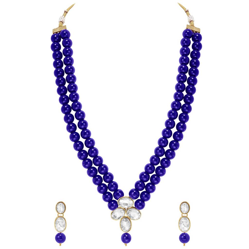 Gold Plated Blue Kundan Long Necklace Earring Indian Traditional Jewellery Set For Women : PF24N22B