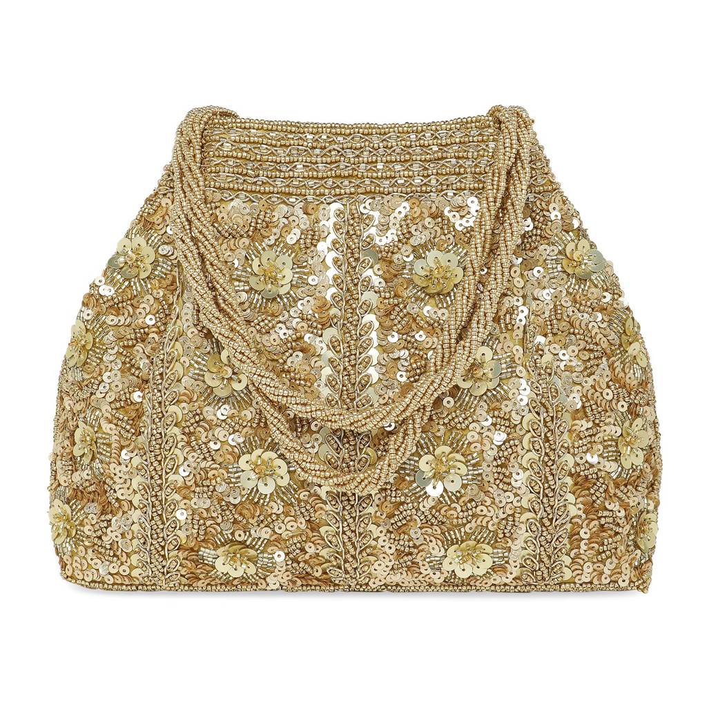 Gold Potli Bag For Women Handmade Evening Wristlet Handbag Stylish Bridal Purse Fashion Bag For Girls (P134G) : P134G