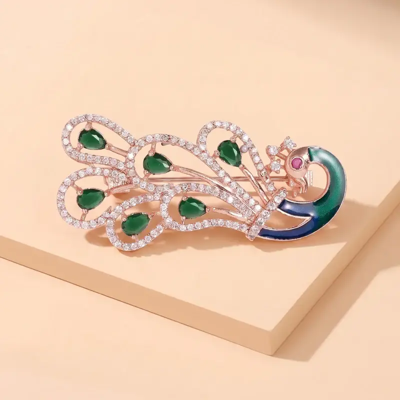 Cz Statement Peacock Feather Brooch Pin For Women |Wedding Wear : AD-005-RGGN-BROOCH