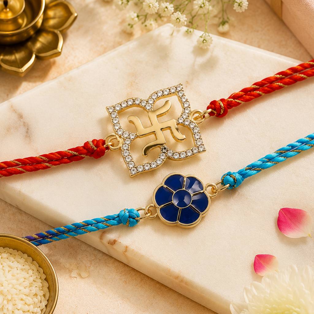 Eternz Certified Jewellery - Estele Gold Plated Blistering & Holy Swastika Bracelet With Austrian Crystals And Fancy Silk Thread (Combo Of 2) (Free Size)