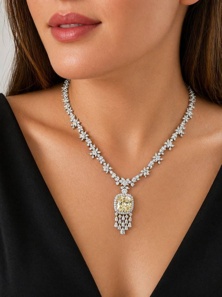 Yellow Cushion And Fancy Diamond Bridal Wedding Necklace Set With Earrings : 500074