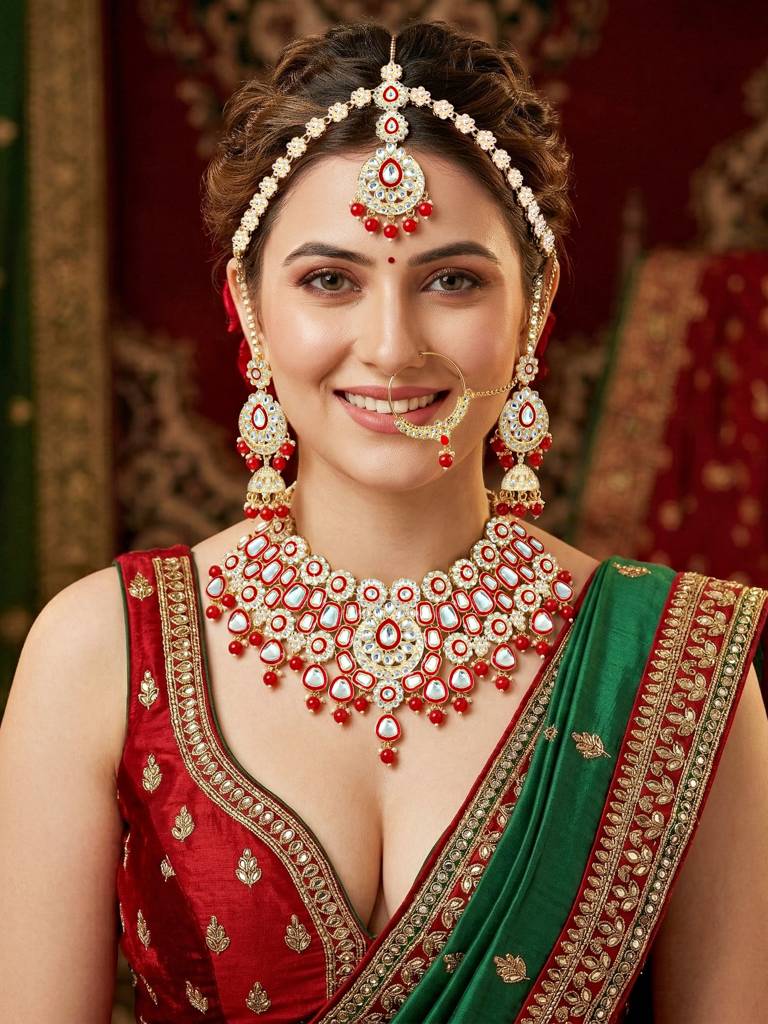 Bridal Kundan Jewellery Set With Hathphool & Nath : 2541-IZK-554-RED