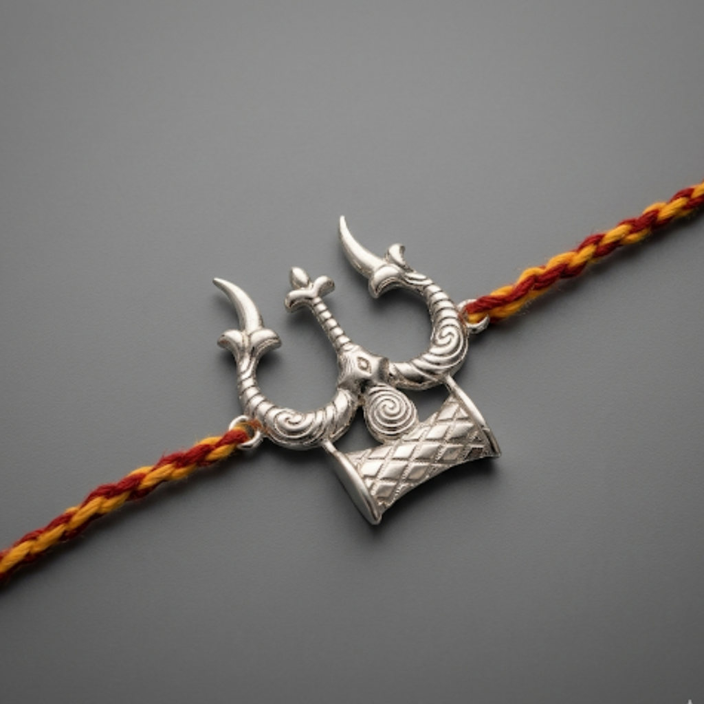 Eternz Certified Jewellery - Dulcett Silver Plated Shiva Trishul Damru Rakhi (6 Inches)