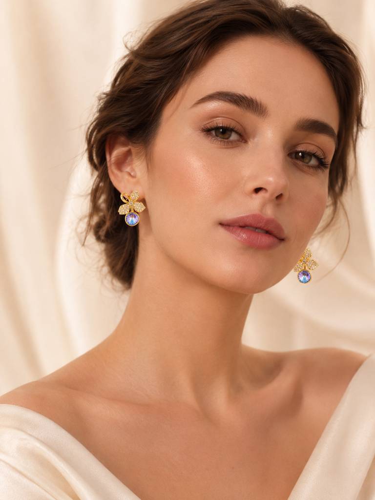 Floral Blue Crystal Drop Stud Earrings In 18K Gold Plating : AN-VM-GO-0144-DE
