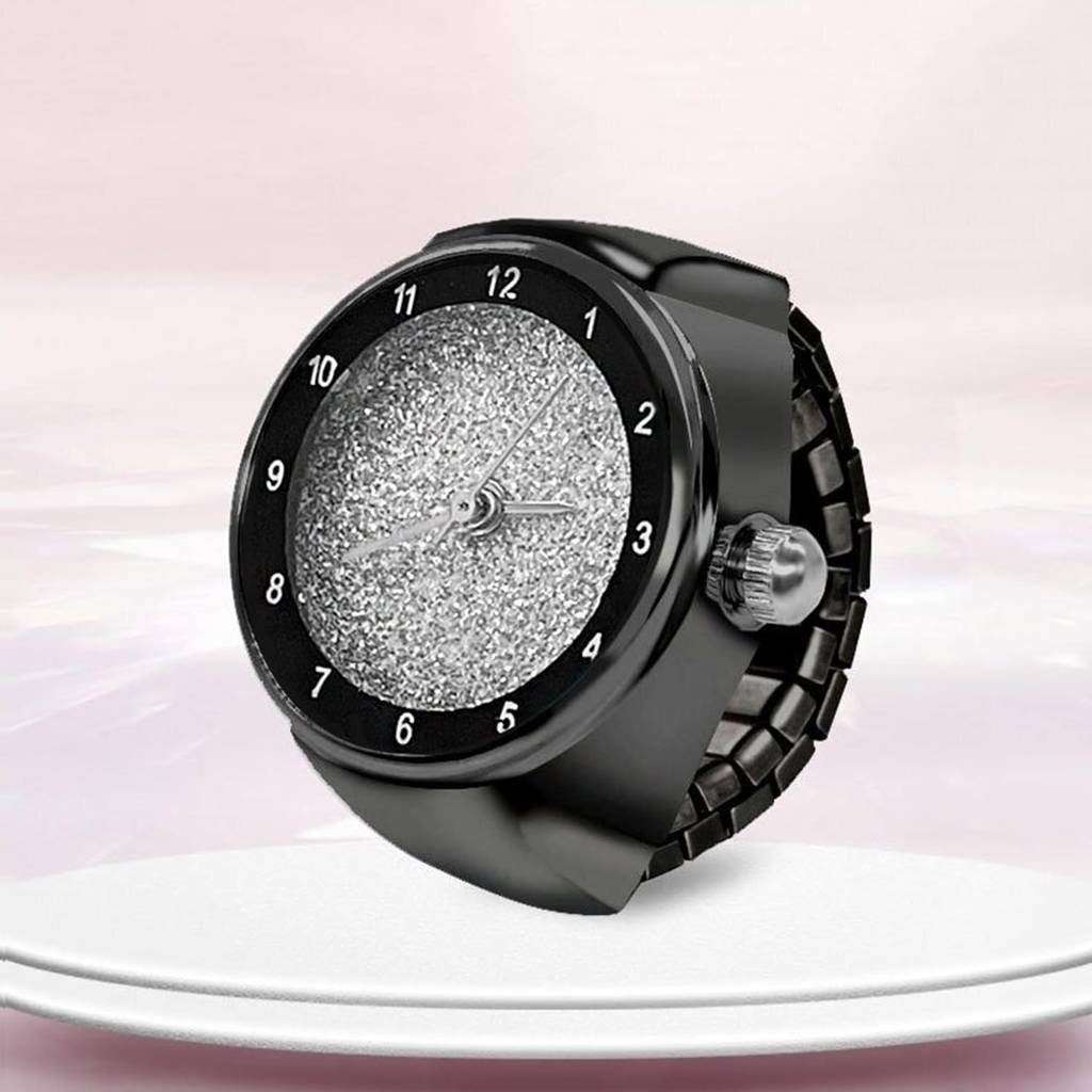 Stainless Steel Black Analog Watch Style Strechable Finger Ring Fancy Jewellery For Girls Women (Free Size) : PX9RW09BL