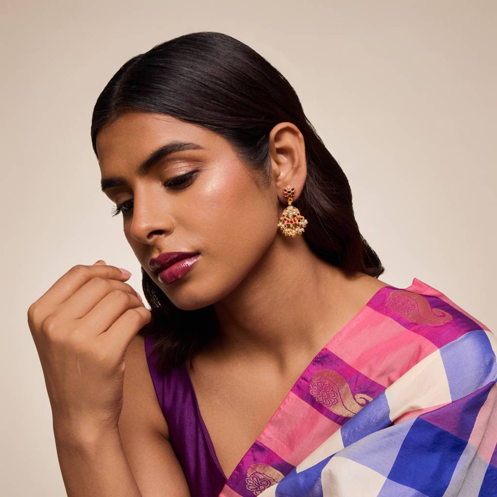 Ruby-Green Gold - Plated Festive Temple Earring - 467832 : 467832