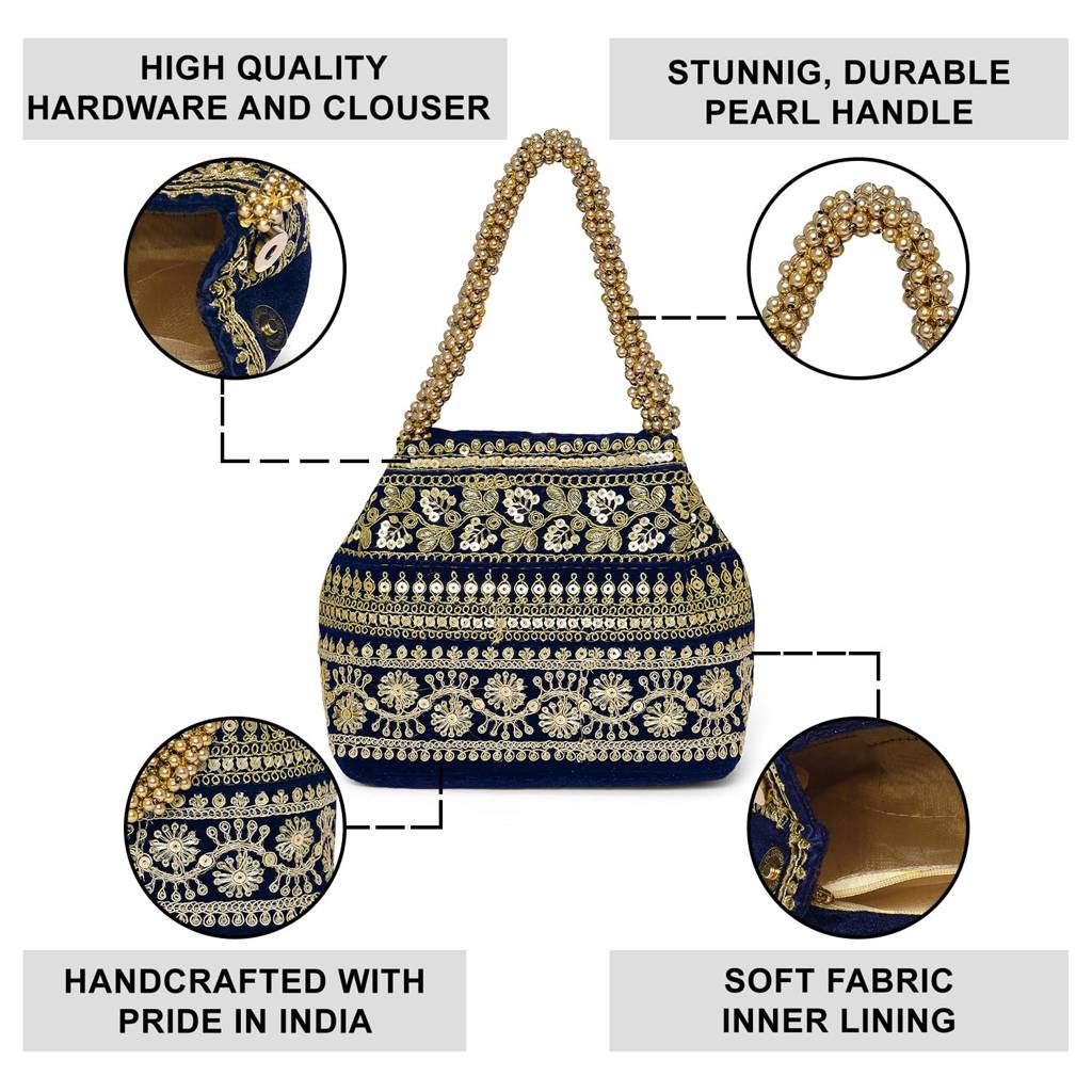 Blue Floral Potli Purse For Women Handmade Ethnic Handbag Stylish Bridal Fashion Wristlet Bag For Girls : P203B-F