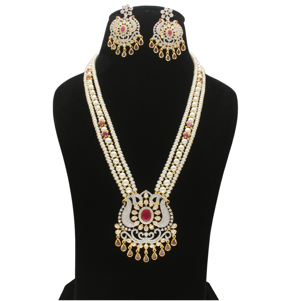 Pearl Strand Long Necklace Set With Cz Ruby Pendant : JPAPR-26-005