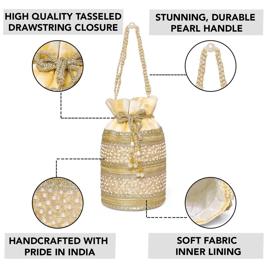 Cylinder Potli Bag With Beads Handle For Women Girls Stylish Bag Ethnic Wristlet Bride Purse With Drawstring : P205CRM-F