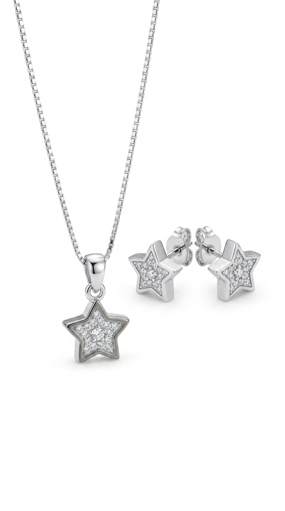 925 Sterling Silver Star Diamond Studded Jewellery Set With Chain : SMK-PD-SET-010-CHN