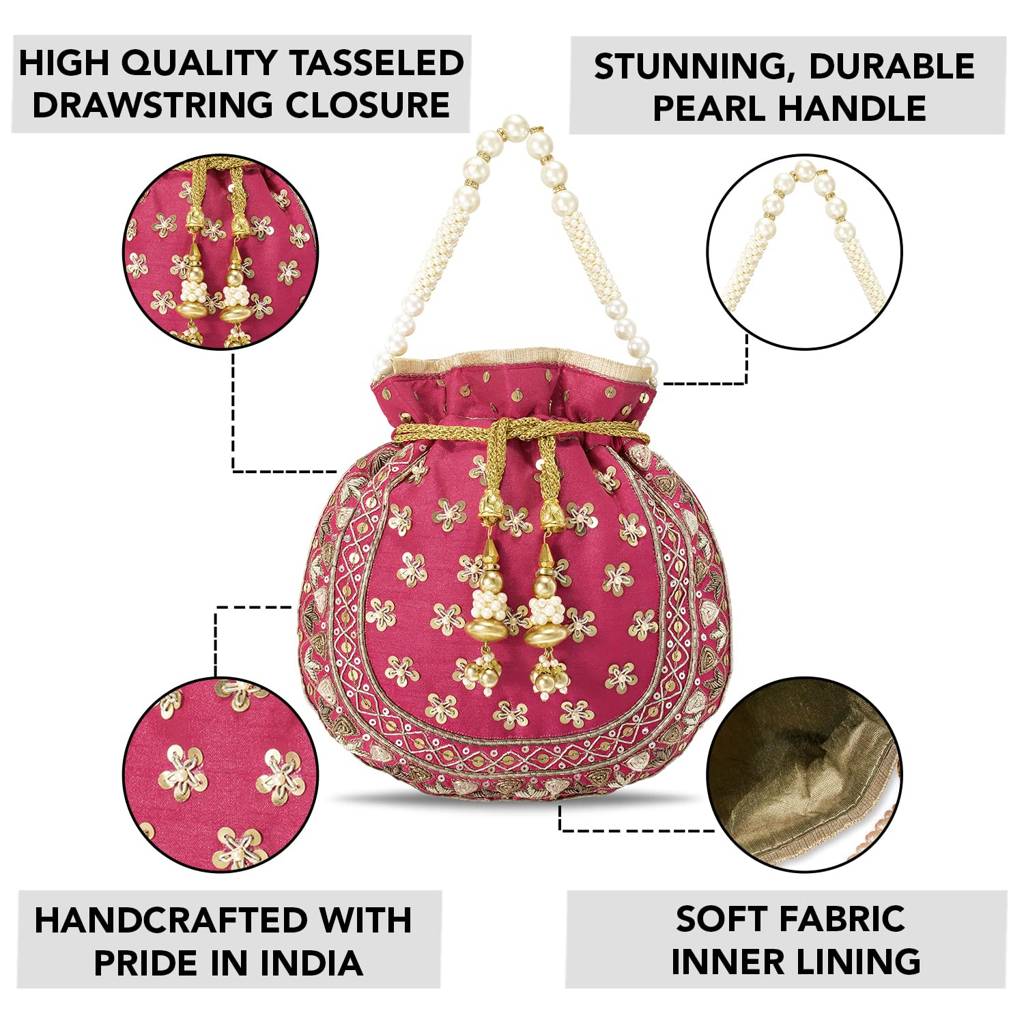 Potli Bags For Women Evening Bag Clutch Ethnic Bride Purse With Drawstring (P54Crm) : P54RP