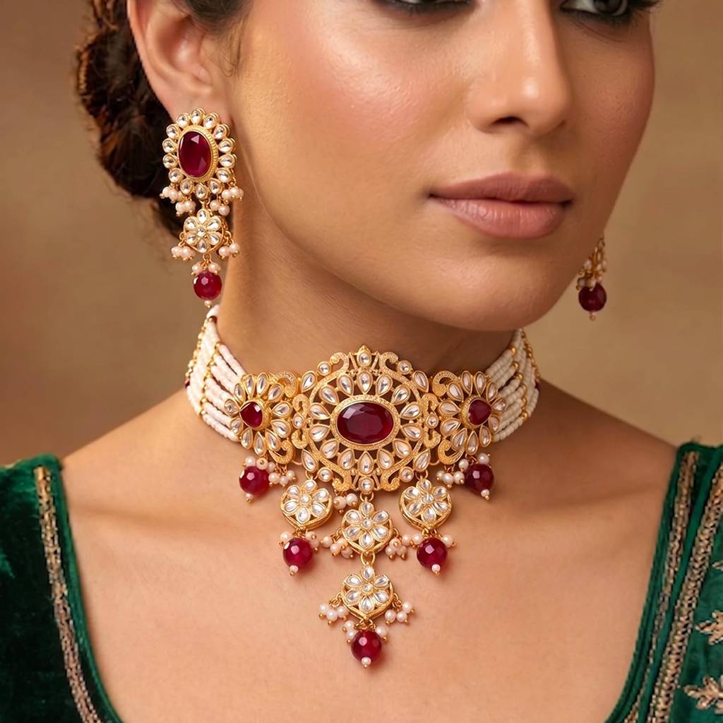 Gold Plated Ethnic Rani Pink Necklace Earrings Set For Women | Faux Ruby Kundan & Beads Studded | Festive & Brida : PF108N07RP