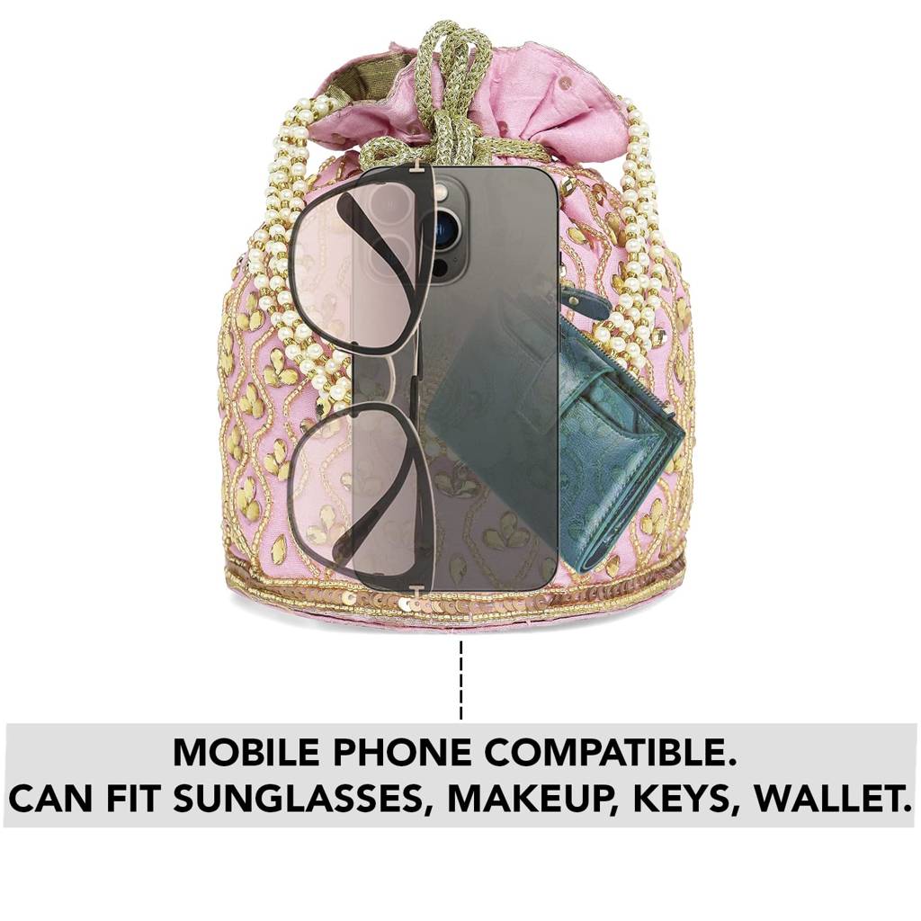 Potli Bag For Women Handmade Evening Wristlet Handbag Stylish Bridal Purse Fashion Bag For Girls (P88B) : P88PK