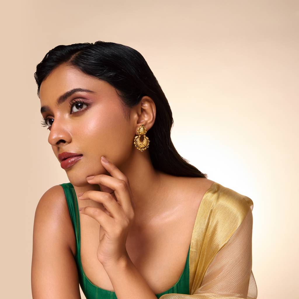 Ruby-Green Gold - Plated Festive Temple Earring - 465043 : 465043