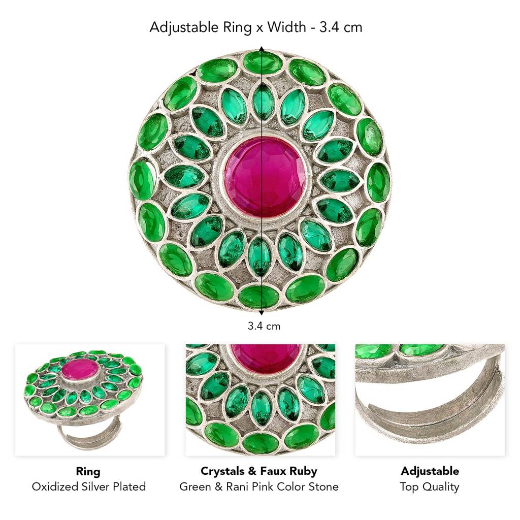 Oxidized Silver Plated Green Crystals & Faux Ruby Studded Statement Finger Ring Adjustable Ethnic Jewellery For W : PF55R19GRN