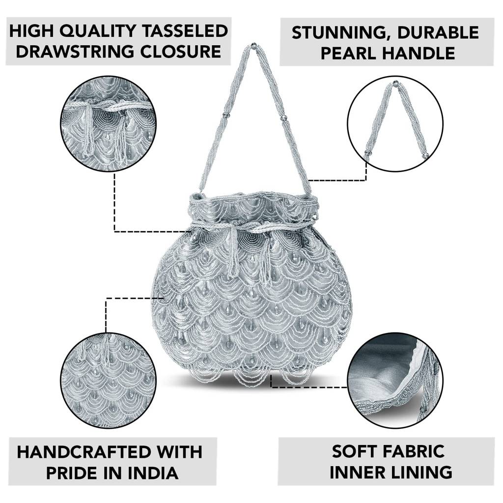 Potli Bags For Women Evening Bag Clutch Ethnic Bride Purse With Drawstring (P37Bl) : P37GRY