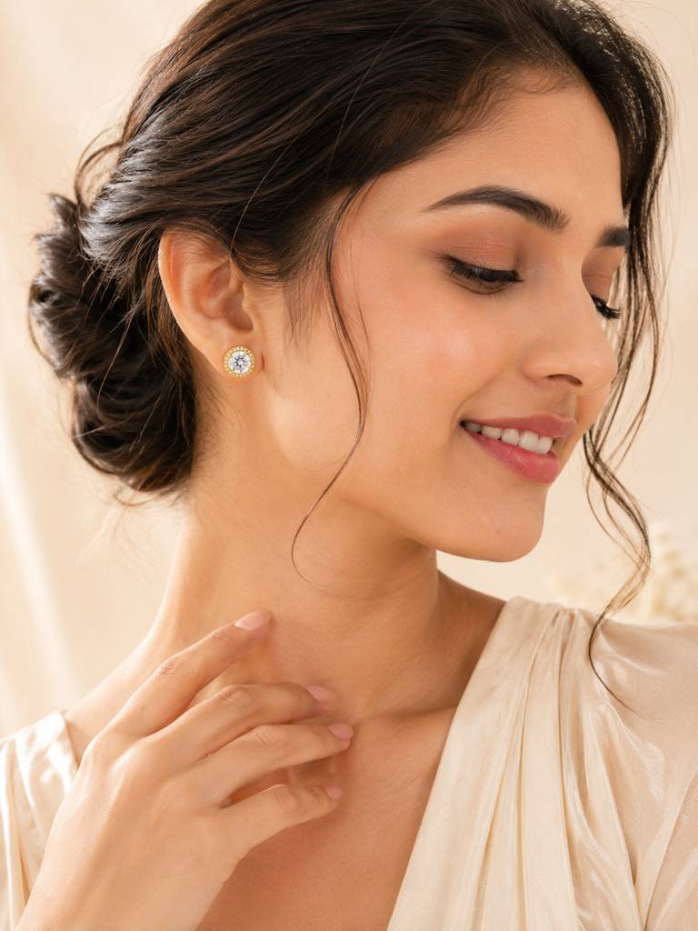 Round Halo Cz Stud Earrings In 18K Gold Plating : AN-VM-GO-0138-DE