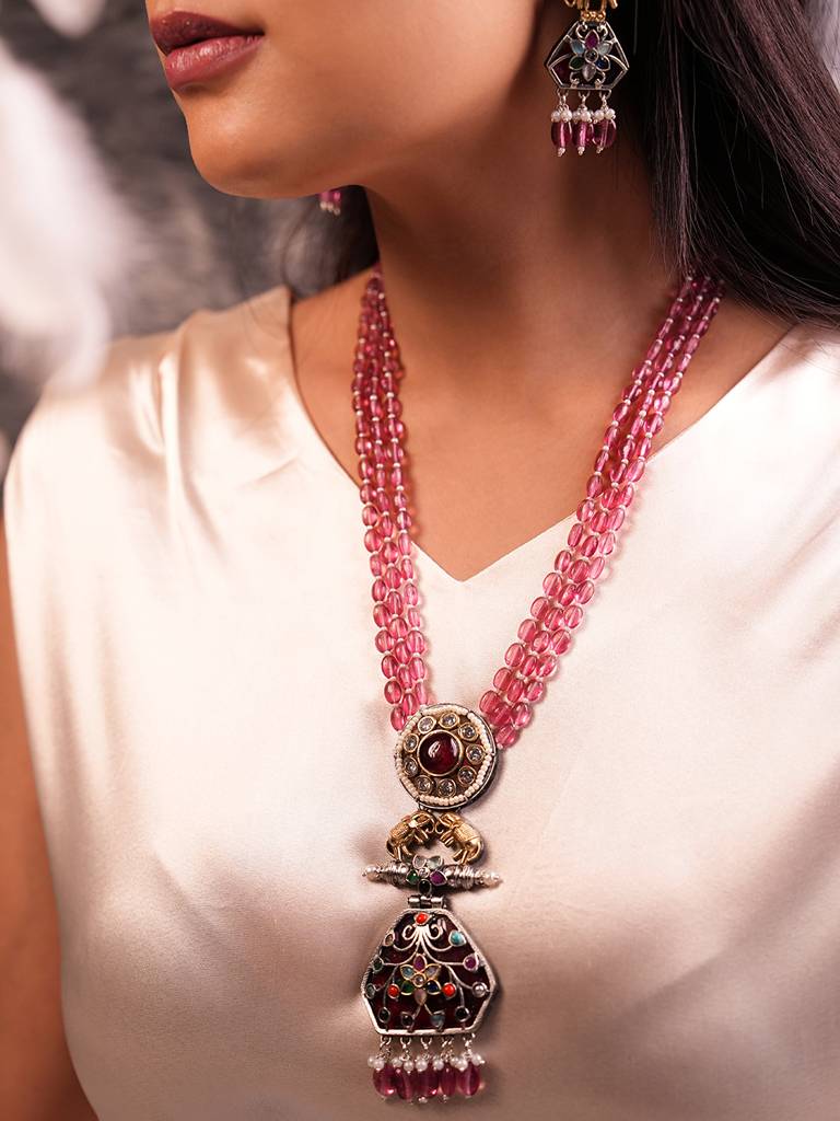 Pink Hydro Bead Floral Pendant Necklace Set : 918NKS24RM