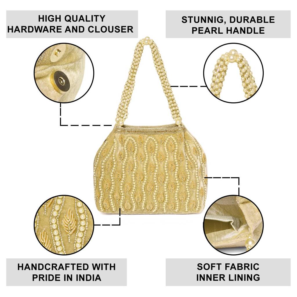 Golden Embellished Potli Bag For Women With Multistrand Beads Handles Stylish Ethnic Wristlet Bag For Girl & Women : P199G-F