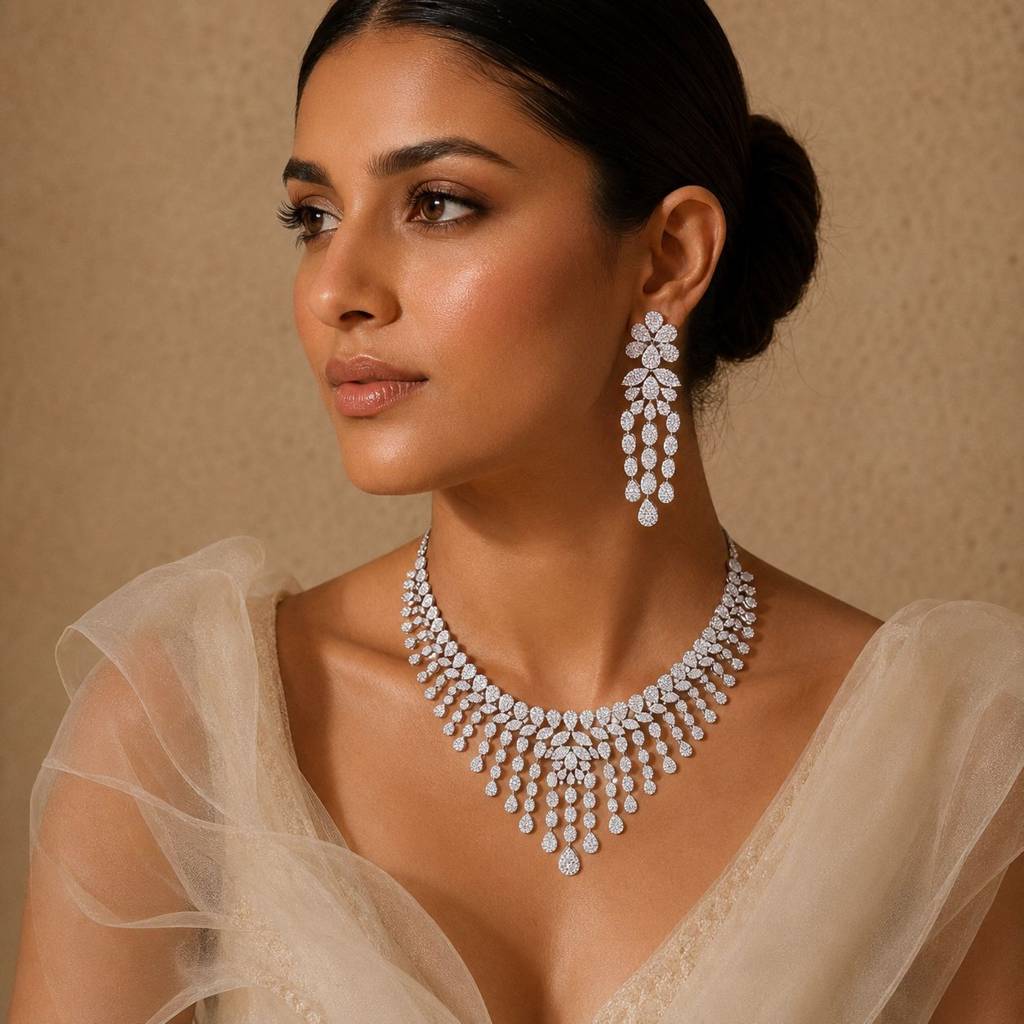 925 Silver Bridal Pressure Setting Necklace Set With Matching Earrings | Luxury Cz Wedding Jewellery Set For Women : TNS9118