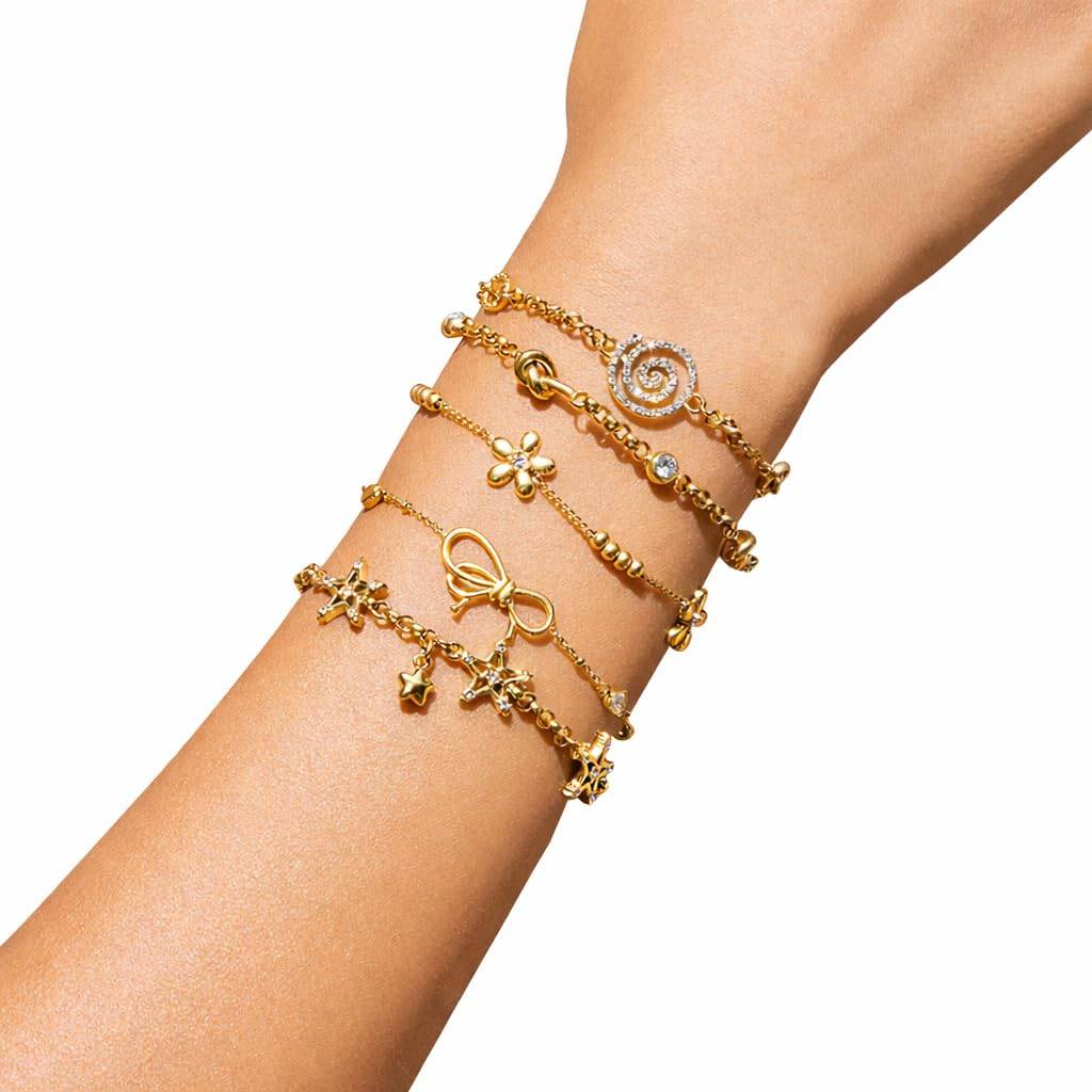 Golden Stainless Steel Premium & Elegant Bracelet For Women – Adjustable Chain Bracelet With Bow Charm & Crystal Ac : B0306006