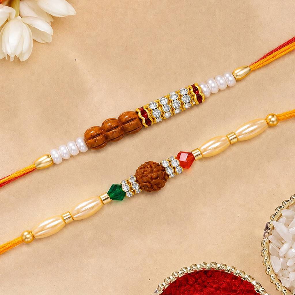 Eternz Certified Jewellery - Peora Rakhshabandhan Thread Rakhi For Brother Bhaiya Rudraksha & Beads Studded Red Brown Combo Pack Of 2 Rakhi Hamper Roli Chawal & Greeting Card (Free Size)