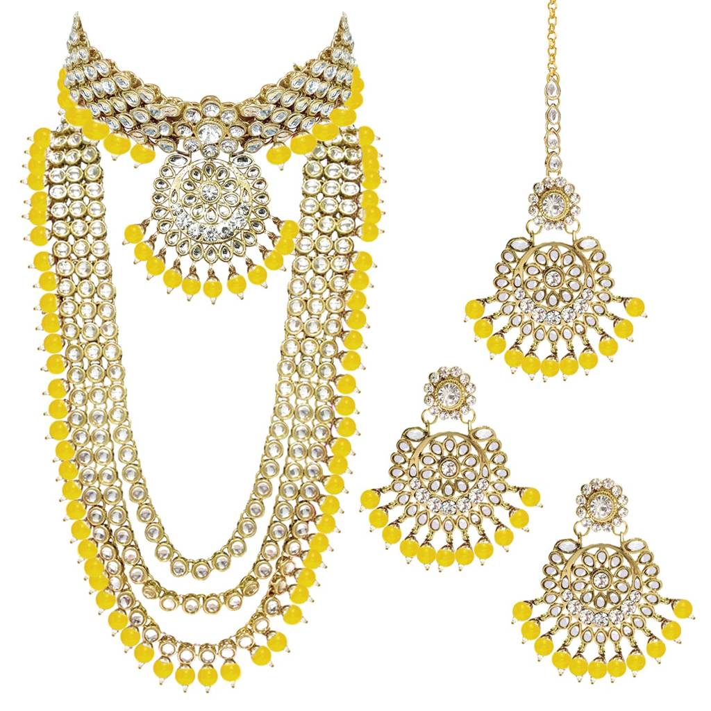 18K Gold Plated Kundan Faux Bead Bridal Necklace Jewellery Set For Women Girls : PF25BR106Y