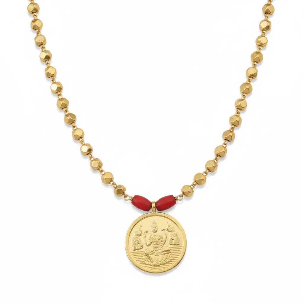 Silver Coin Necklace With Silver Beads (Gold Plated) - Ashtapailu ( Multifaceted ) Beads : 28783511