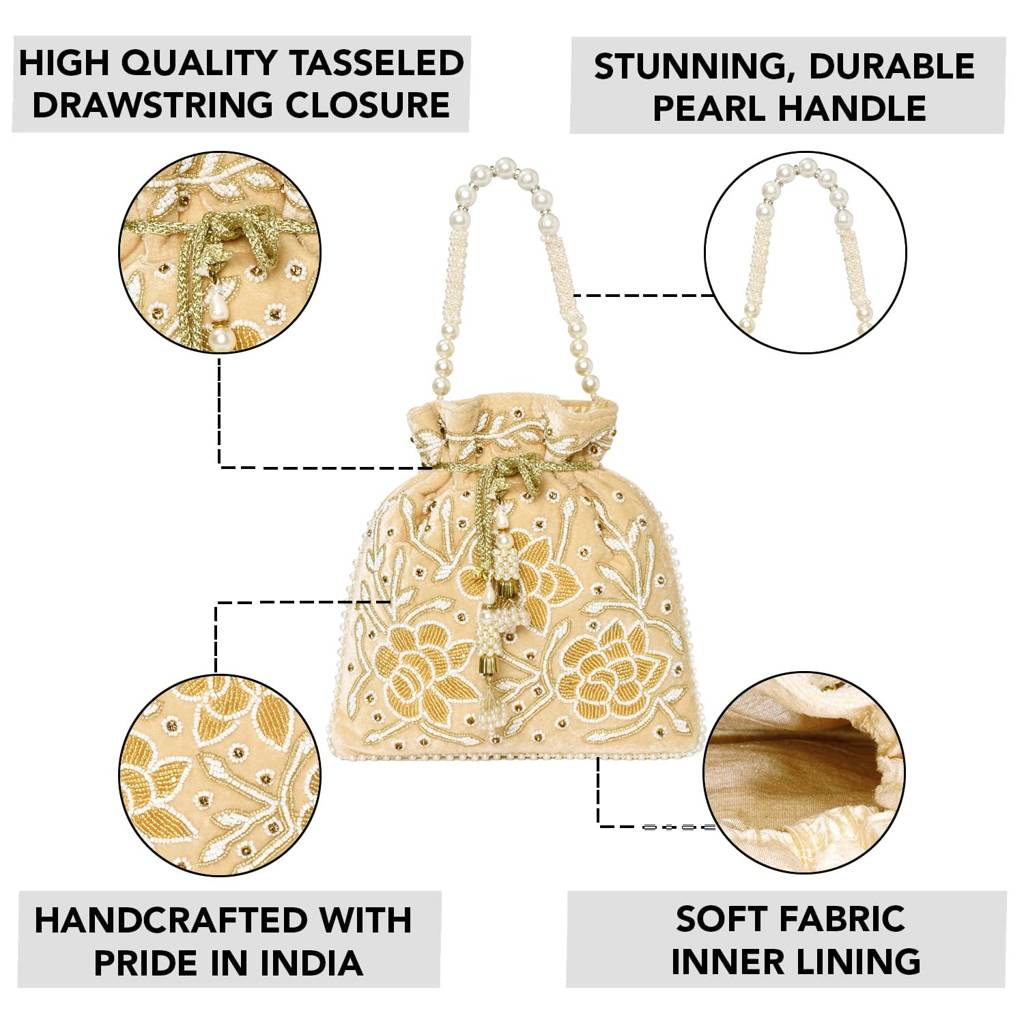 Floral Potli Purses For Women Handmade Evening Handbag Stylish Bridal Fashion Wristlet Bag For Girls : P201CRM
