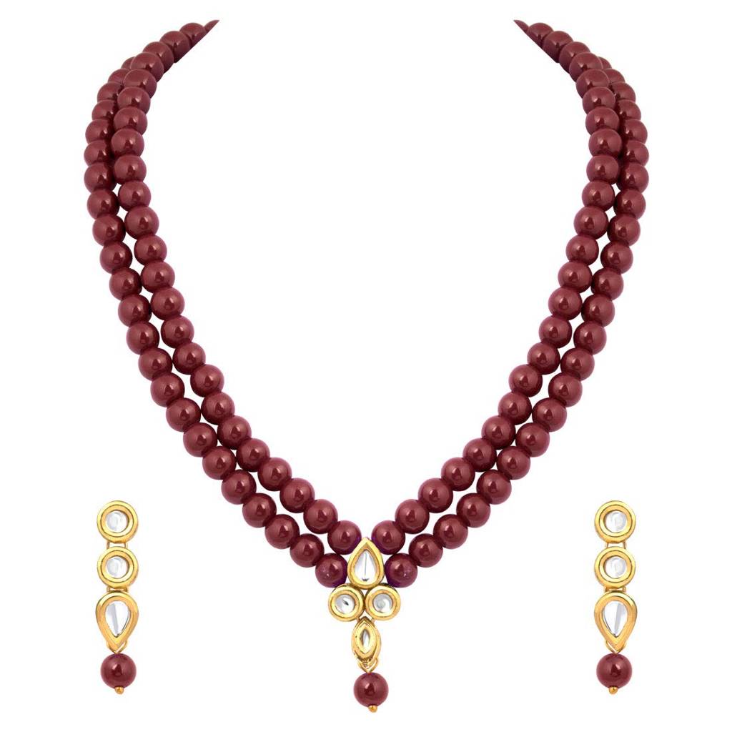 Indian Traditional Kundan Faux Pearl Maroon Long Jewellery Necklace Set For Women Girls : PF37NML201M