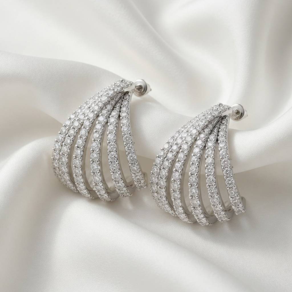 Eternz Certified Jewellery - Peora White Silver Plated Fancy Half Hoop Earrings For Women Cubic Zirconia Studded Festive & Casual Wear Jewellery Gifts For Her