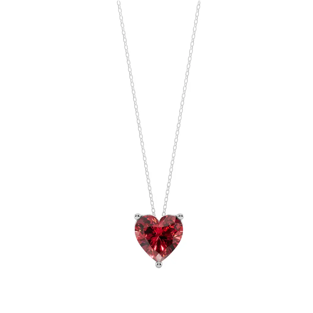 Red Heart Solitaire Semi Silver Pendant Necklace : HERT-RED-10-SM-W-C