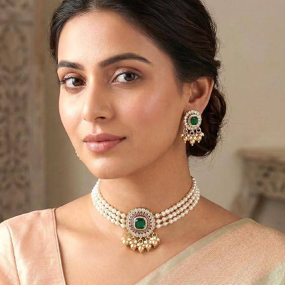 Red Ethnic Necklace Earrings For Women & Girls Gold Plated Faux Ruby Cz & Pearl Studded Festive Bridal Jewellery B : PF76N06RG