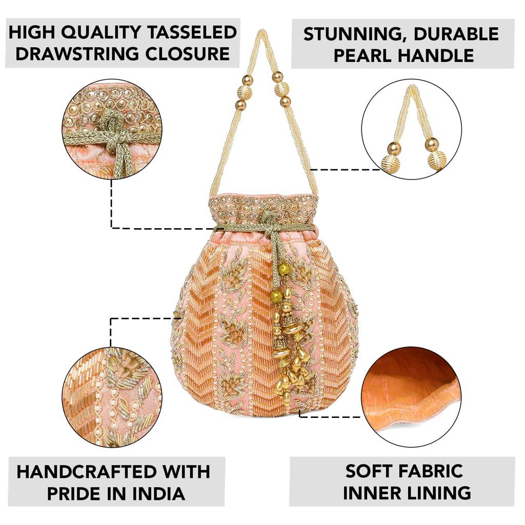 Potli Bag For Women Handmade Evening Wristlet Handbag Stylish Bridal Purse Fashion Bag For Girls (P128Crm) : P128PK