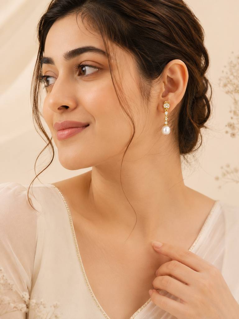 Pearl Drop Earrings With Cubic Zirconia In 18K Gold Plating : AN-VM-GO-0139-DE