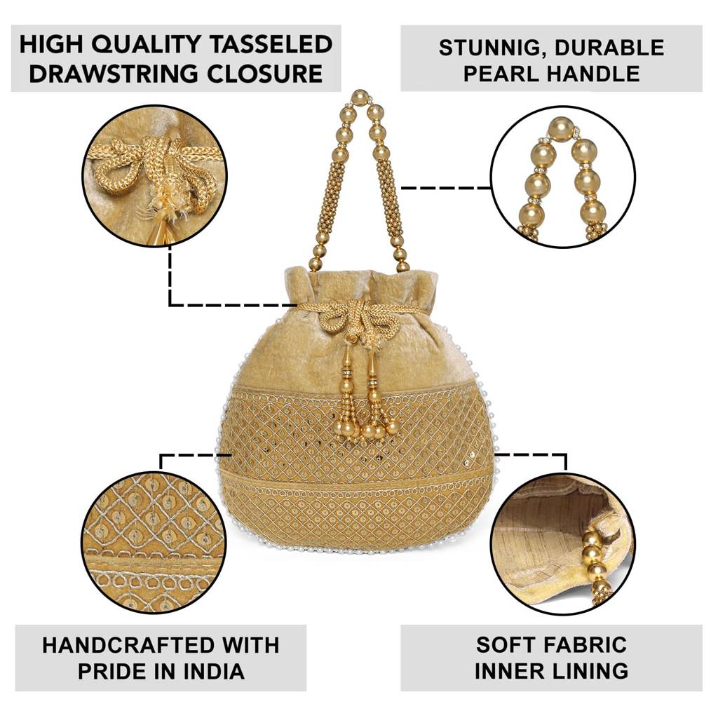 Zari Sequence Potli Bag With Beads Motif Handle For Women Handmade Handbag Stylish Bride Fashion Wristlet Bag For G : P197BR-F