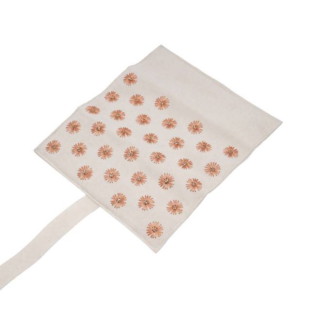 Jewelry Roll Organizer White Soft Suede Fabric With Copper Badla Thread Embroidery, Handmade Travel Jewelry St : LM1030-WhtGld