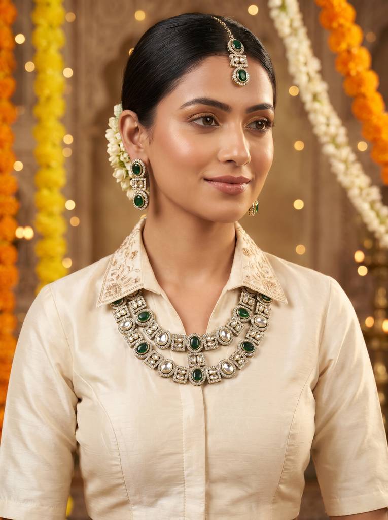 Bridal Double Layer Jewellery Set : HBN-44-GREEN