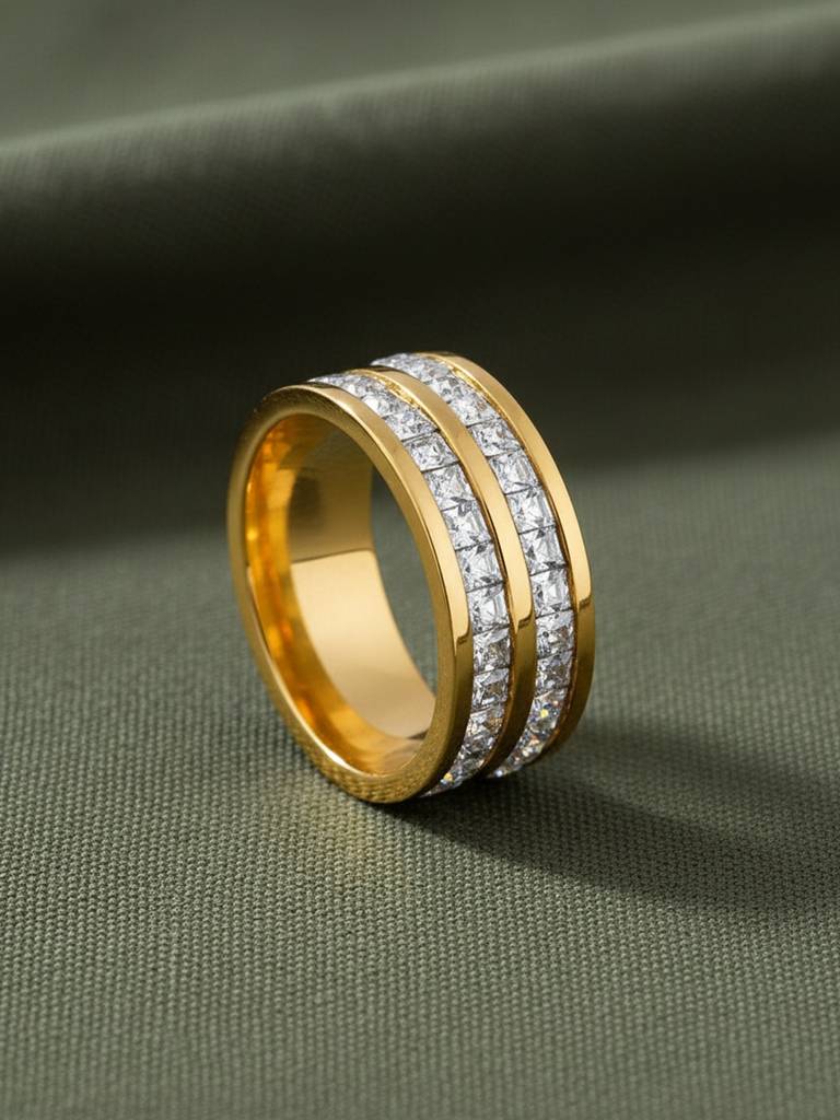 18K Gold Plated Dual Band Ring Stainless Steel Waterproof & Anti-Tarnish. : R87SJSS7G