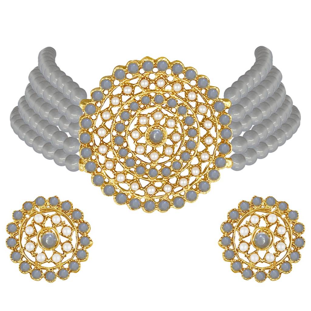 Gold Plated Pearl Diamond Kundan Choker Necklace With Round Earrings Traditional Grey Jewellery Set For Women : PF26N1374GRY