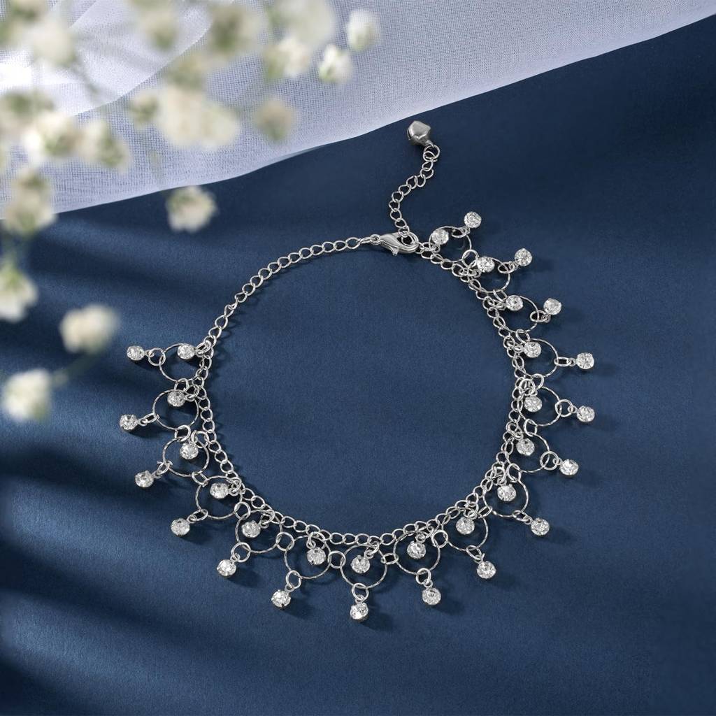 Silver Plated Cubic Zirconia Studded Anklet Stylish Fancy Payal For Girls & Women : PX8AL02S
